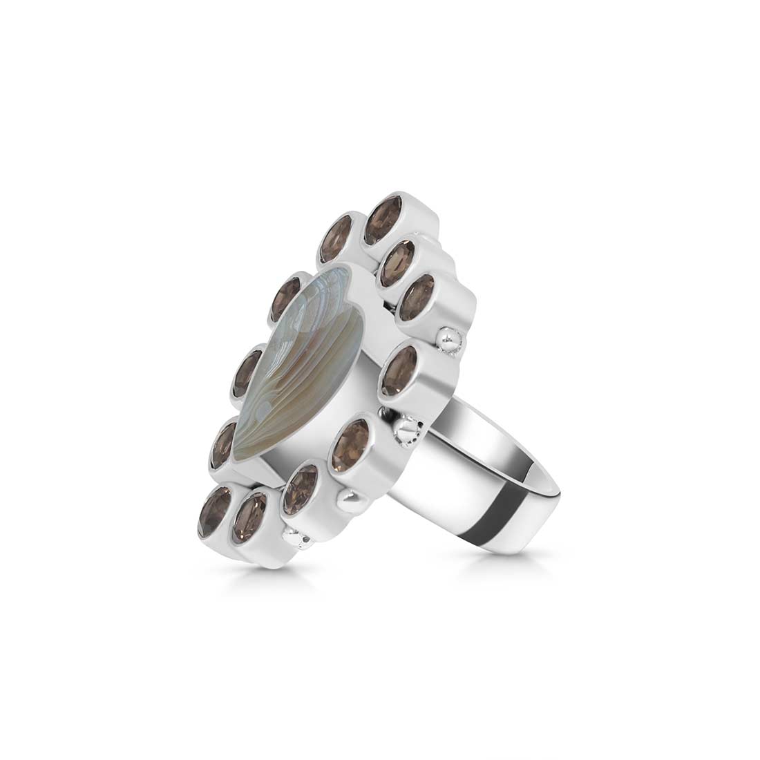 Botswana Agate And Smoky Flower Adjustable Ring-(BWA-FLR-5.)